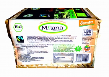 500 g MILANA Ceylon Fairtrade Demeter BIO-SCHWARZTEE LOSE OP1 Orange Pekoe 1 schwarzer Premium-Tee in HANDGEFLOCHTENEM TEEKÖRBCHEN, 55 Prozent des Verkaufspreises ist SOZIALE HILFSLEISTUNG - Der Tee, ... der nach Liebe schmeckt. Fair und nachhaltig herges